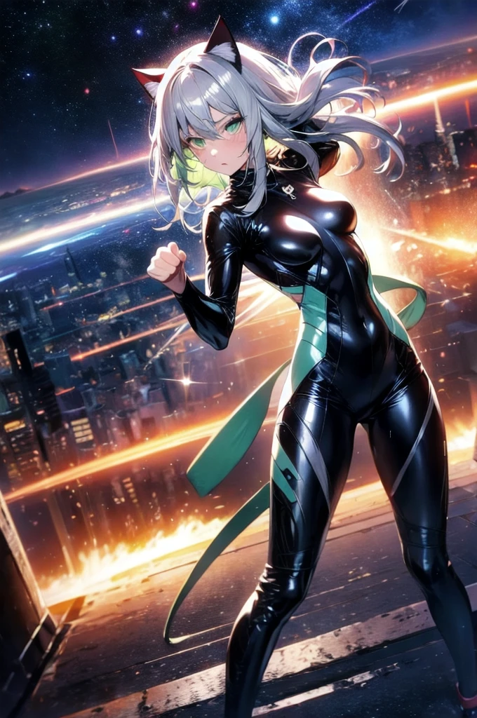 A silver-haired beautiful girl with cat ears eyes are green hair is silver and long clothes: a form-fitting black combat suit The fist is an afterimage The background is a city at night her is in a cat-like fighting pose The year is monitor, Dark Night, Sweat, Steam of Exhalation, Space, Battle, Dynamic Angle one girl