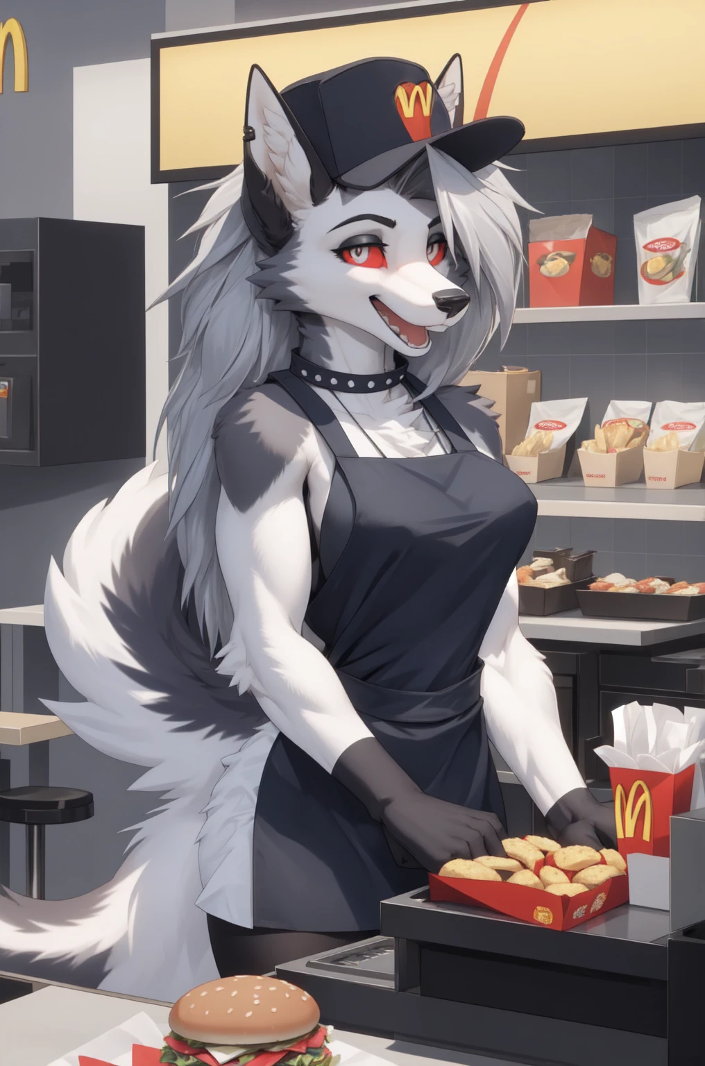 Loona, female, hellhound, long hair, busty, wearing a sleeveless black McDonald’s apron, wearing a black McDonald’s hat, as a McDonald’s employee working at McDonald’s as a cashier, tail, red eyes, happy, horny, sexy, hd 8k m, 