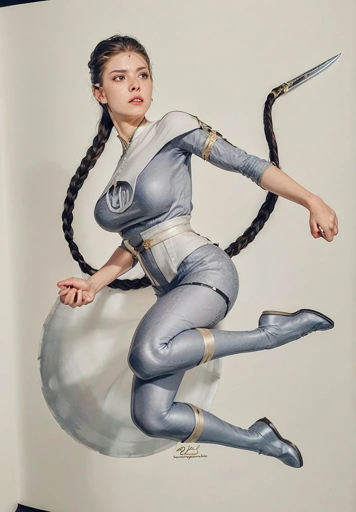 a woman with long braided hair, her hair with a sharp blade at the end, wearing white clothes with golden details, medieval rpg fantasy, heroic pose, (best quality,4k,8k,highres,masterpiece:1.2),ultra-detailed,(realistic,photorealistic,photo-realistic:1.37),intricate details,highly detailed facial features,detailed braided hair,detailed white dress with golden accents, medieval setting, cinematic lighting,dramatic shadows,warm color palette,heroic action pose