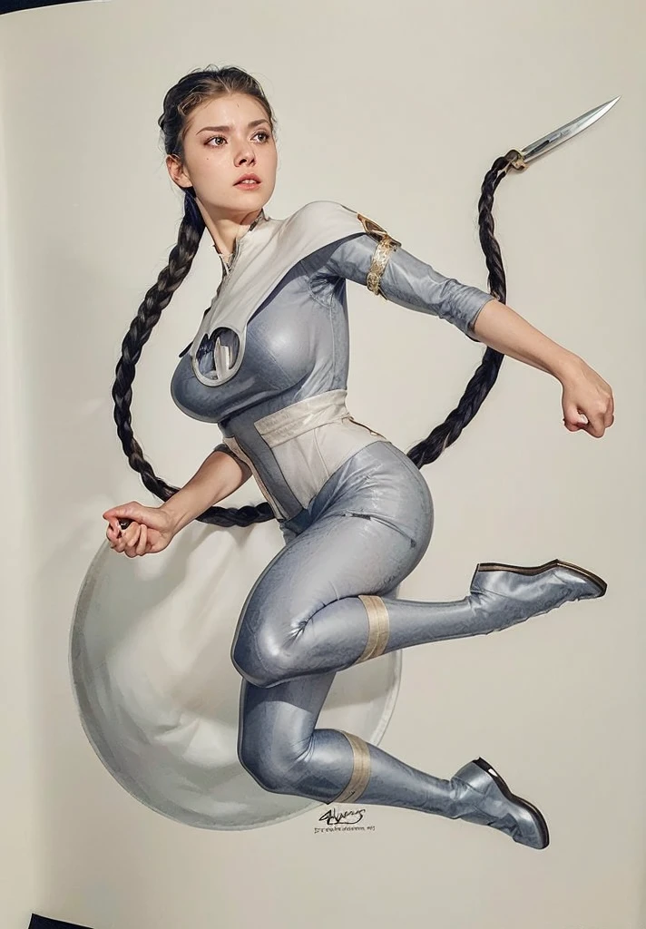 a woman with long braided hair, her hair with a sharp blade at the end, wearing white clothes with golden details, medieval rpg fantasy, heroic pose, (best quality,4k,8k,highres,masterpiece:1.2),ultra-detailed,(realistic,photorealistic,photo-realistic:1.37),intricate details,highly detailed facial features,detailed braided hair,detailed white dress with golden accents, medieval setting, cinematic lighting,dramatic shadows,warm color palette,heroic action pose