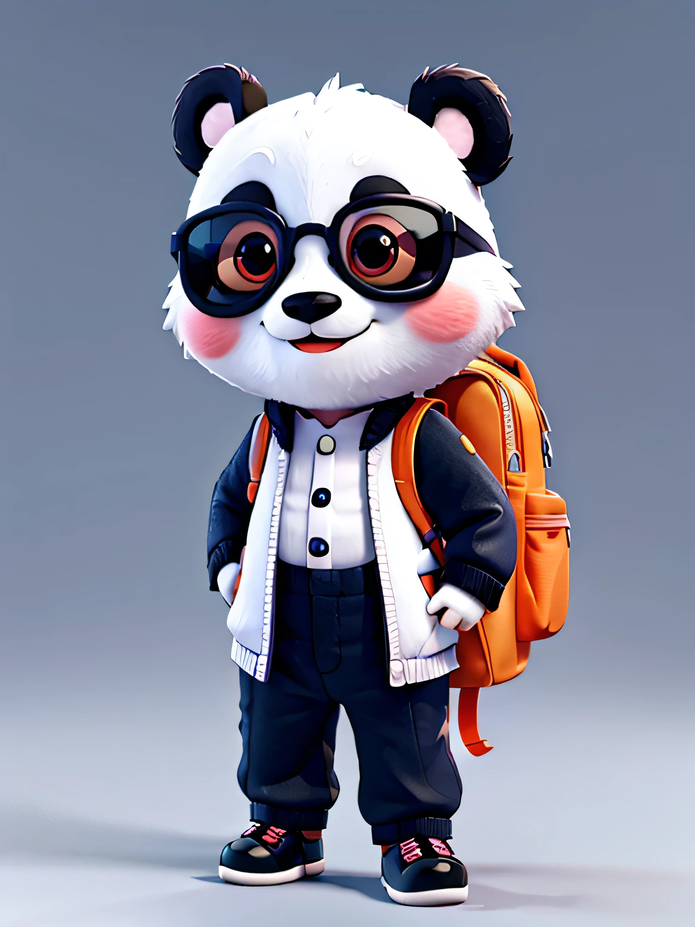An adorable panda mascot wearing sunglasses and a school backpack, 3d style, highly detailed, vibrant colors, cute expression, fun and playful, in white background, 3d, pixar style