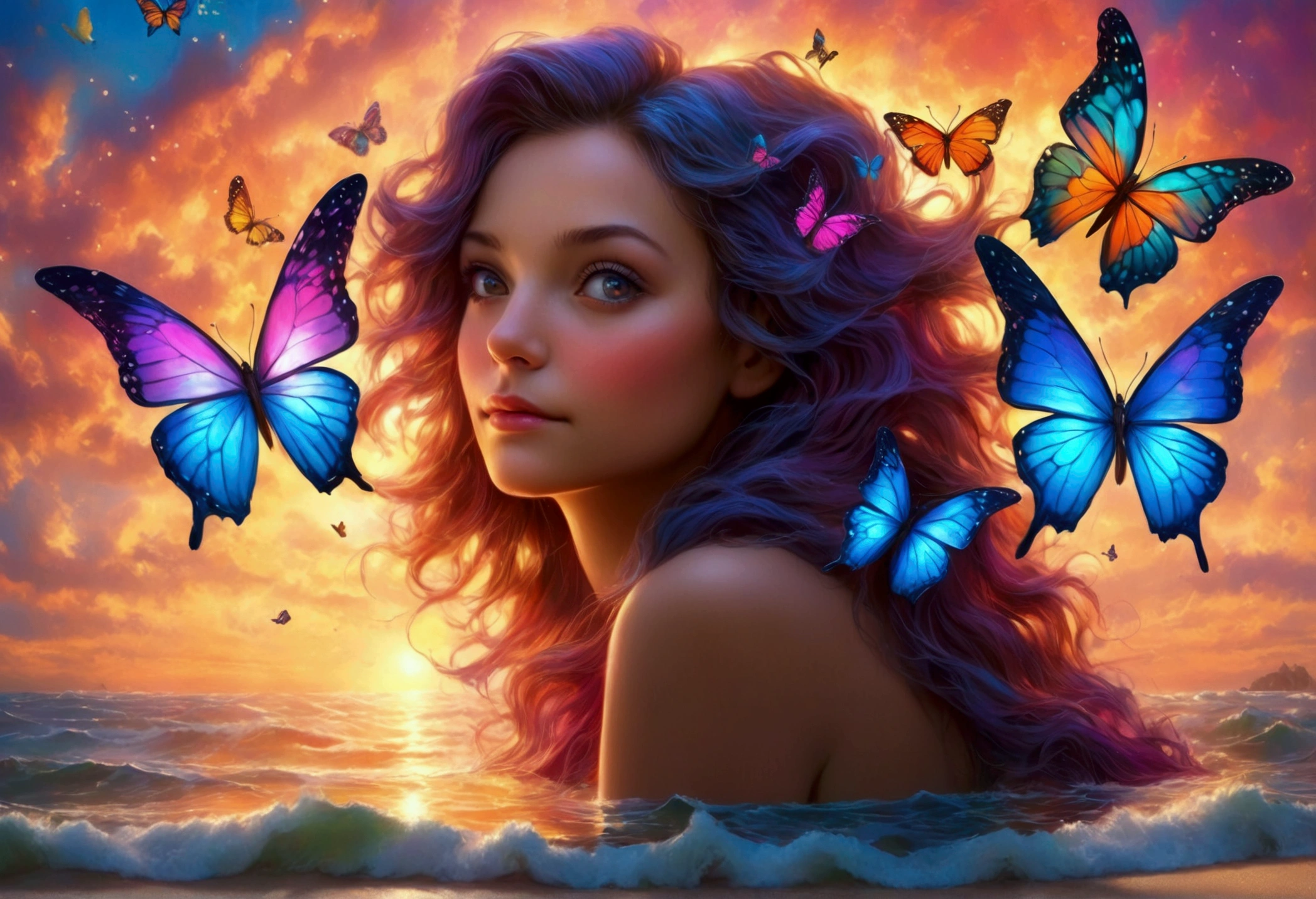 A whale with 3 sets of enormous colorful butterfly wings, flying through dreamy skies, a cute woman lying on the beach watching its majestic flight, best quality, 4k, 8k, highres, masterpiece:1.2, ultra-detailed, realistic, photorealistic, photo-realistic:1.37, HDR, UHD, studio lighting, ultra-fine painting, sharp focus, physically-based rendering, extreme detail description, professional, vivid colors, bokeh, fantasy, surreal, dreamlike, enchanting, magical, whimsical, vibrant colors
