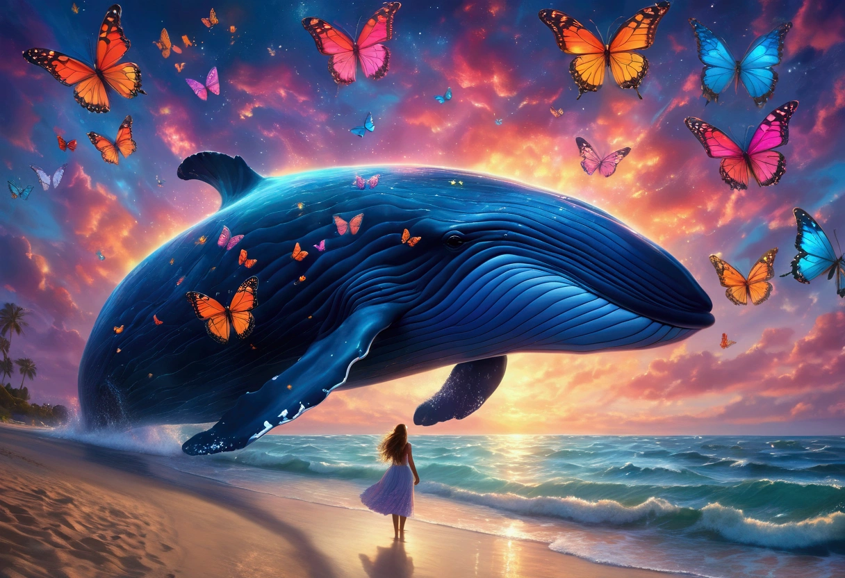 A whale with 3 sets of enormous colorful butterfly wings, flying through dreamy skies, a cute woman lying on the beach watching its majestic flight, best quality, 4k, 8k, highres, masterpiece:1.2, ultra-detailed, realistic, photorealistic, photo-realistic:1.37, HDR, UHD, studio lighting, ultra-fine painting, sharp focus, physically-based rendering, extreme detail description, professional, vivid colors, bokeh, fantasy, surreal, dreamlike, enchanting, magical, whimsical, vibrant colors
