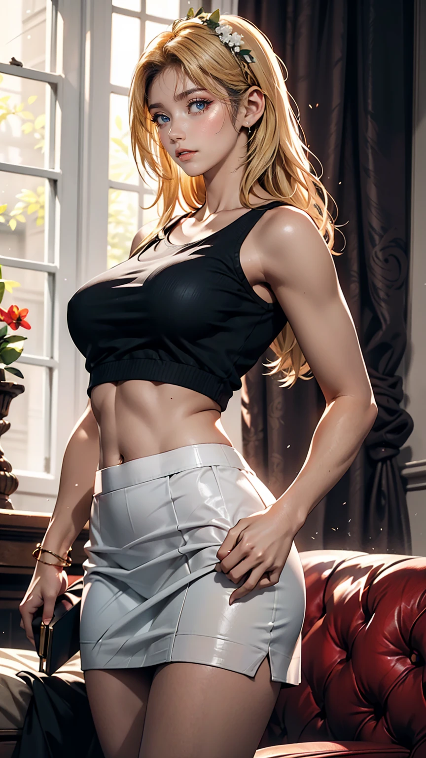Ultra-high resolution, Highest quality, photograph, 4K, (Realistic:1.4), Girl with a wreath on her head, Long blonde hair、24-year-old female、Sexy proportions、Sexy、Textured skin((textured skin))、Side-swept chignon((good site))、Narrow waist、Cropped tops((crop top))Tops、Hipbone Skirt((hipbone skirt))、Stiletto heels、Clutch bags、Put one hand on your hip、