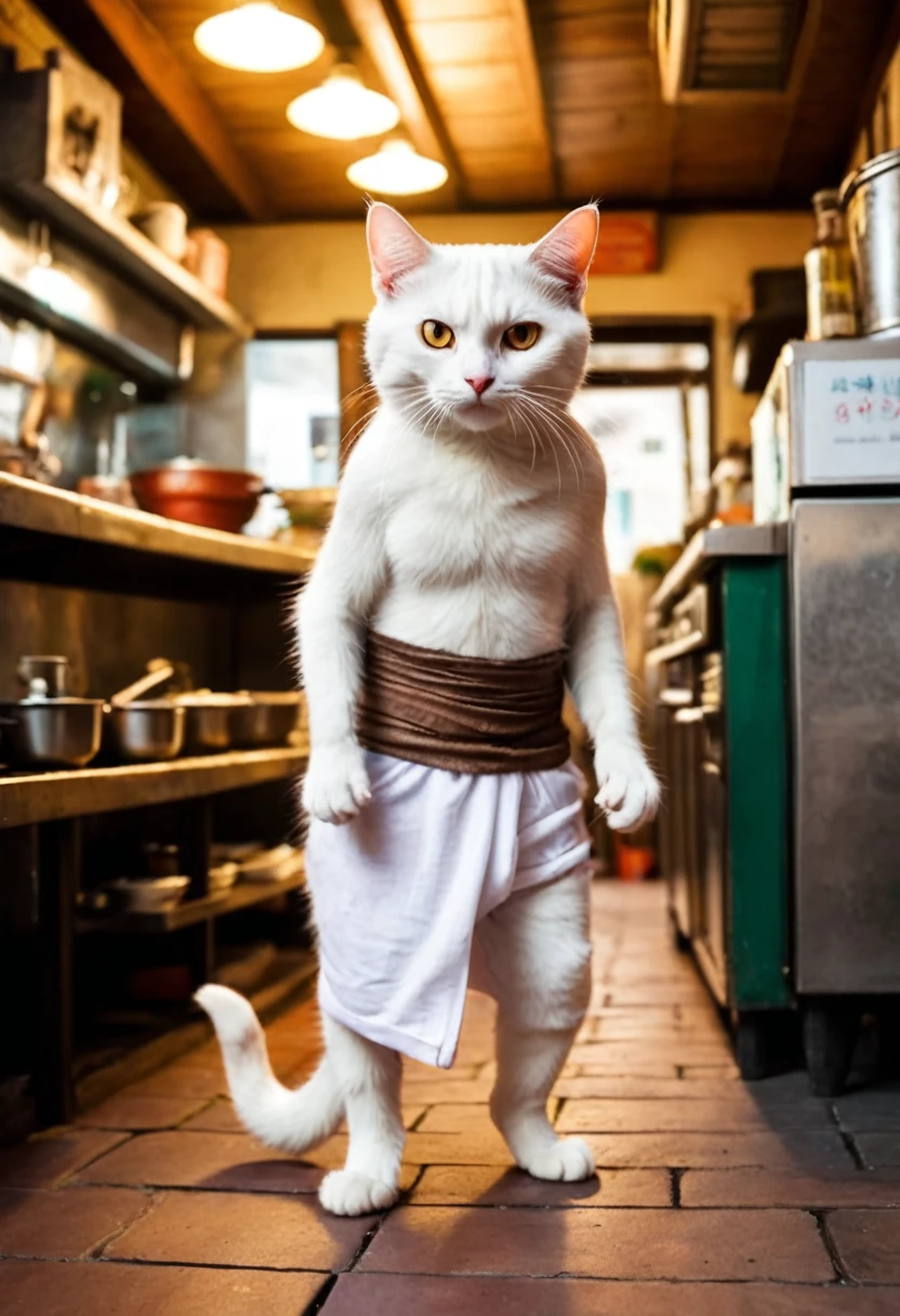 photo, The cutest click bait monster on earth, cat, walking on two legs, with wide, kind eyes, wearing a loincloth, like Puss in Boots,Behind the restaurant kitchen、White cat