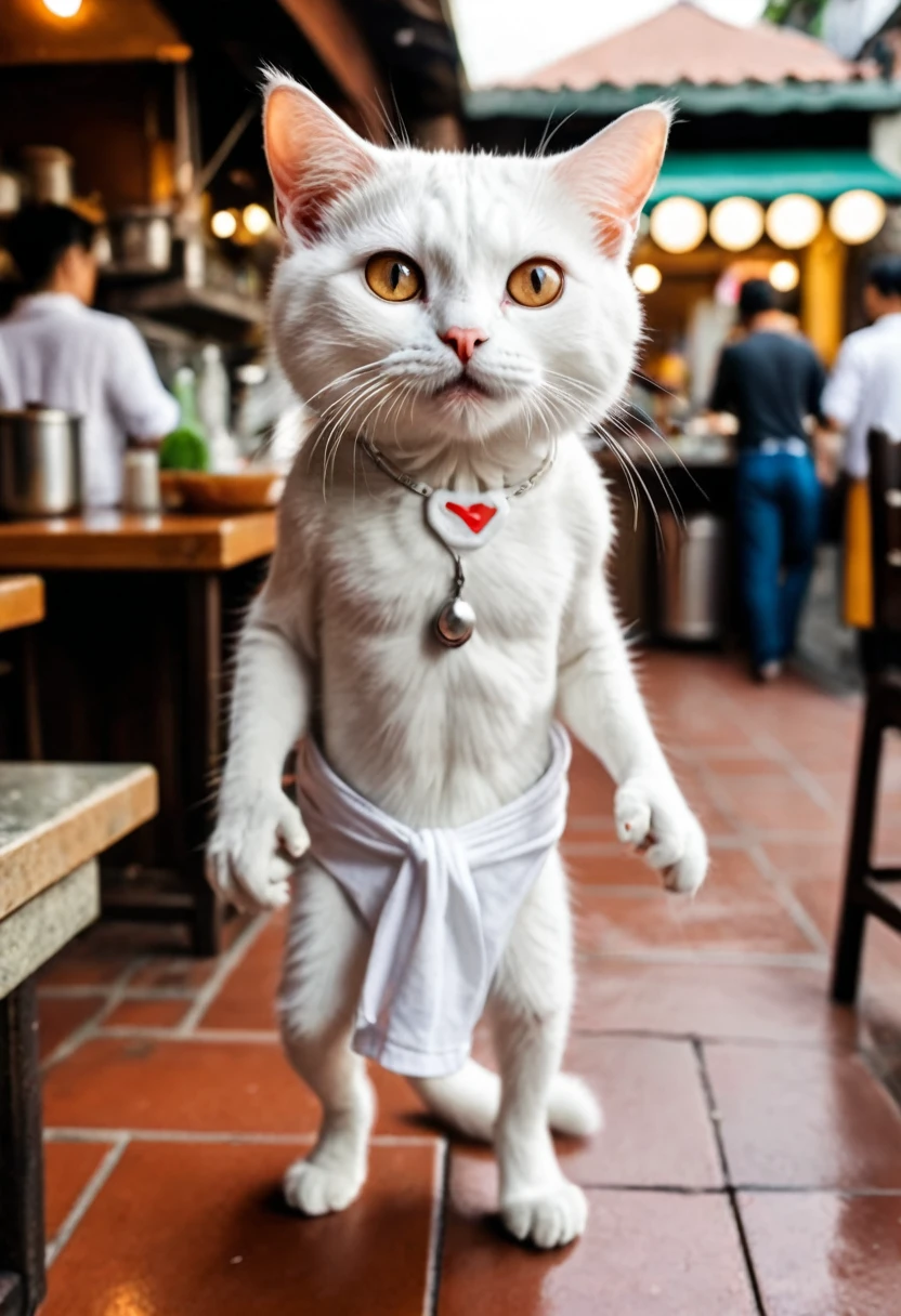 photo, The cutest click bait monster on earth, cat, walking on two legs, with wide, kind eyes, wearing a loincloth, like Puss in Boots,Behind the restaurant kitchen、White cat