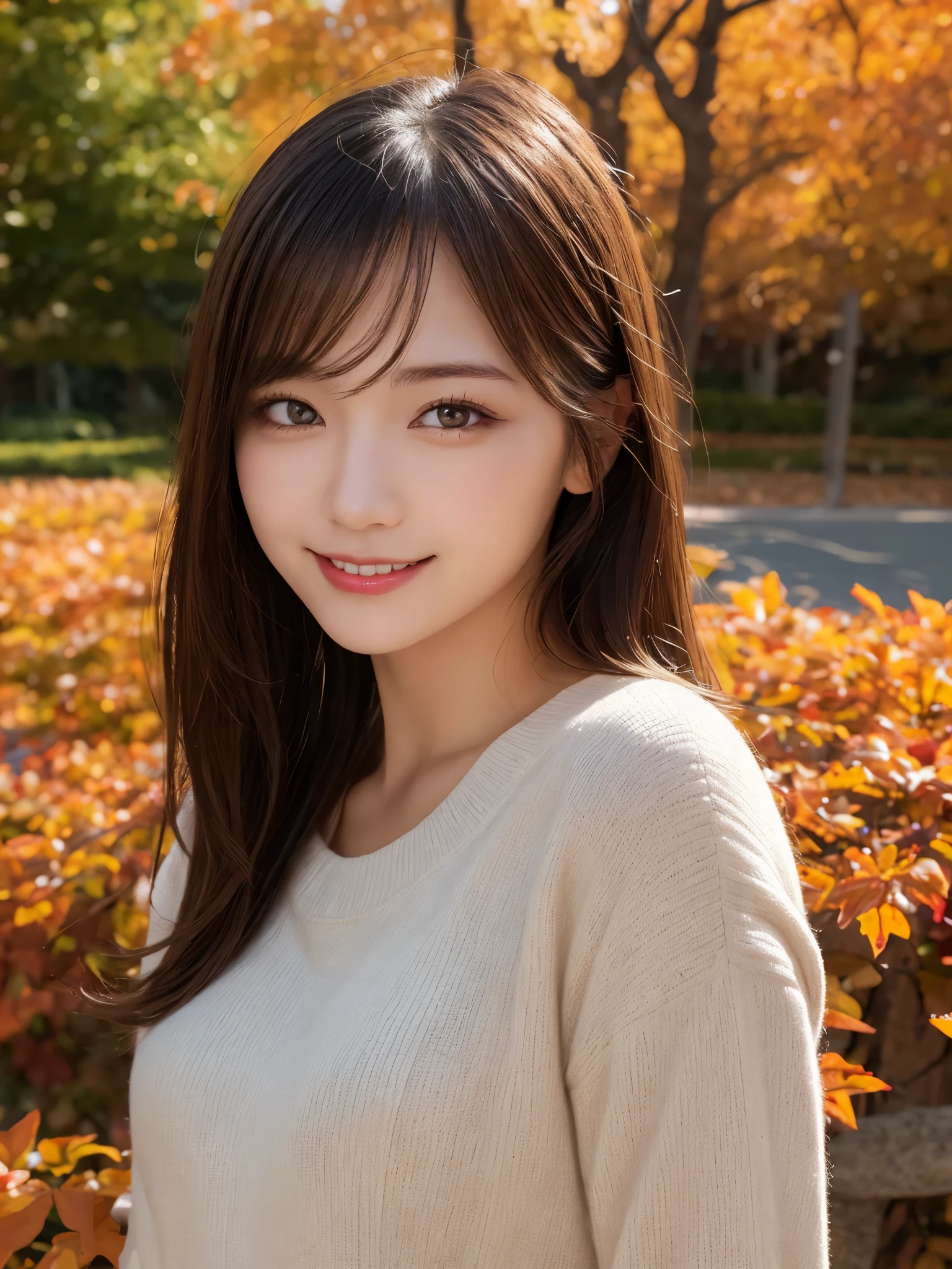 masterpiece, best quality, illustration, ultra-detailed, finely detailed, high resolution, 8K wallpaper, perfect dynamic composition, beautiful detailed eyes, autumn leaves, casual attire, medium hair, small breasts, relaxed pose, smile, looking at camera