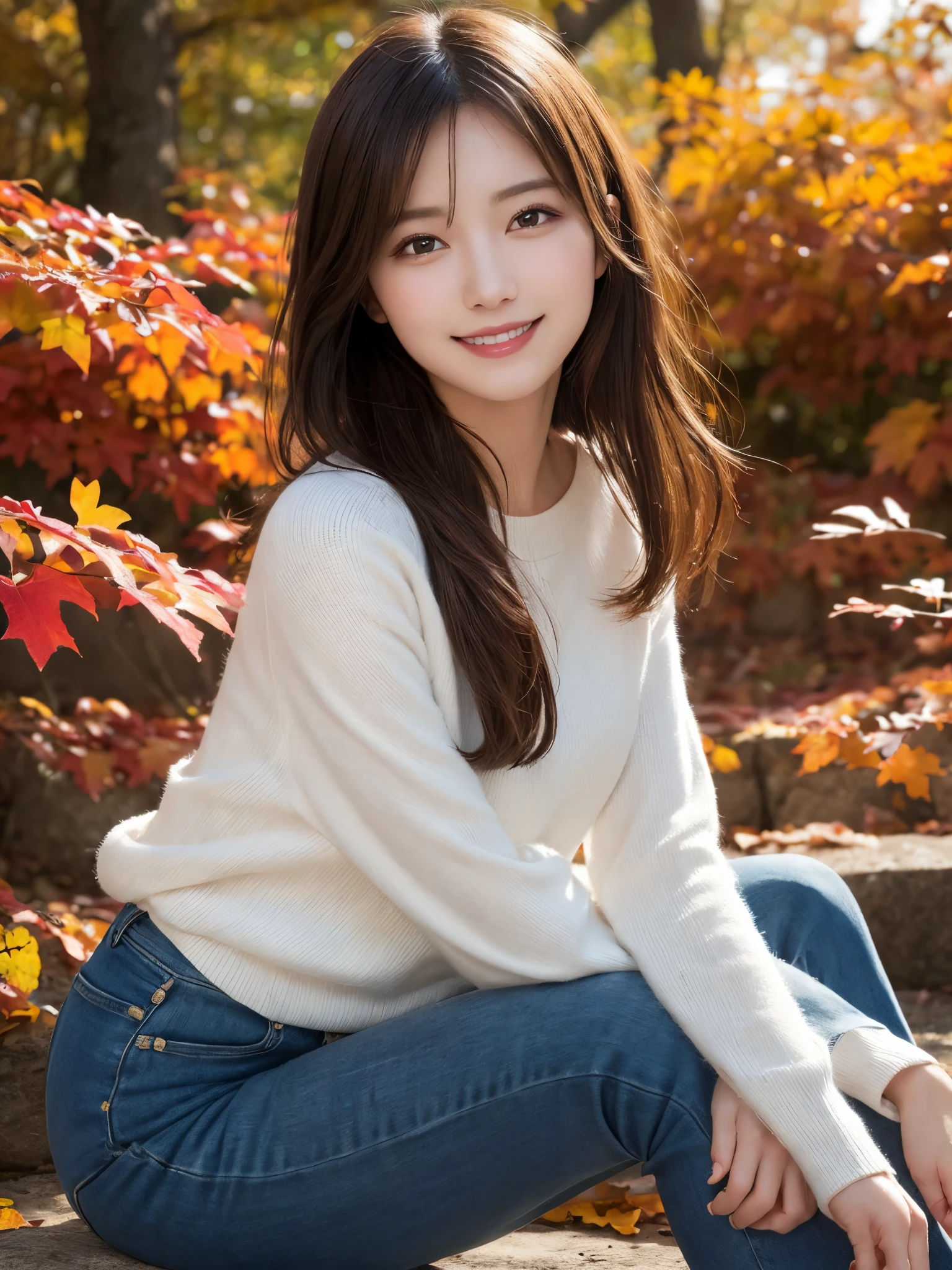 masterpiece, best quality, illustration, ultra-detailed, finely detailed, high resolution, 8K wallpaper, perfect dynamic composition, beautiful detailed eyes, autumn leaves, casual attire, medium hair, small breasts, relaxed pose, smile, looking at camera