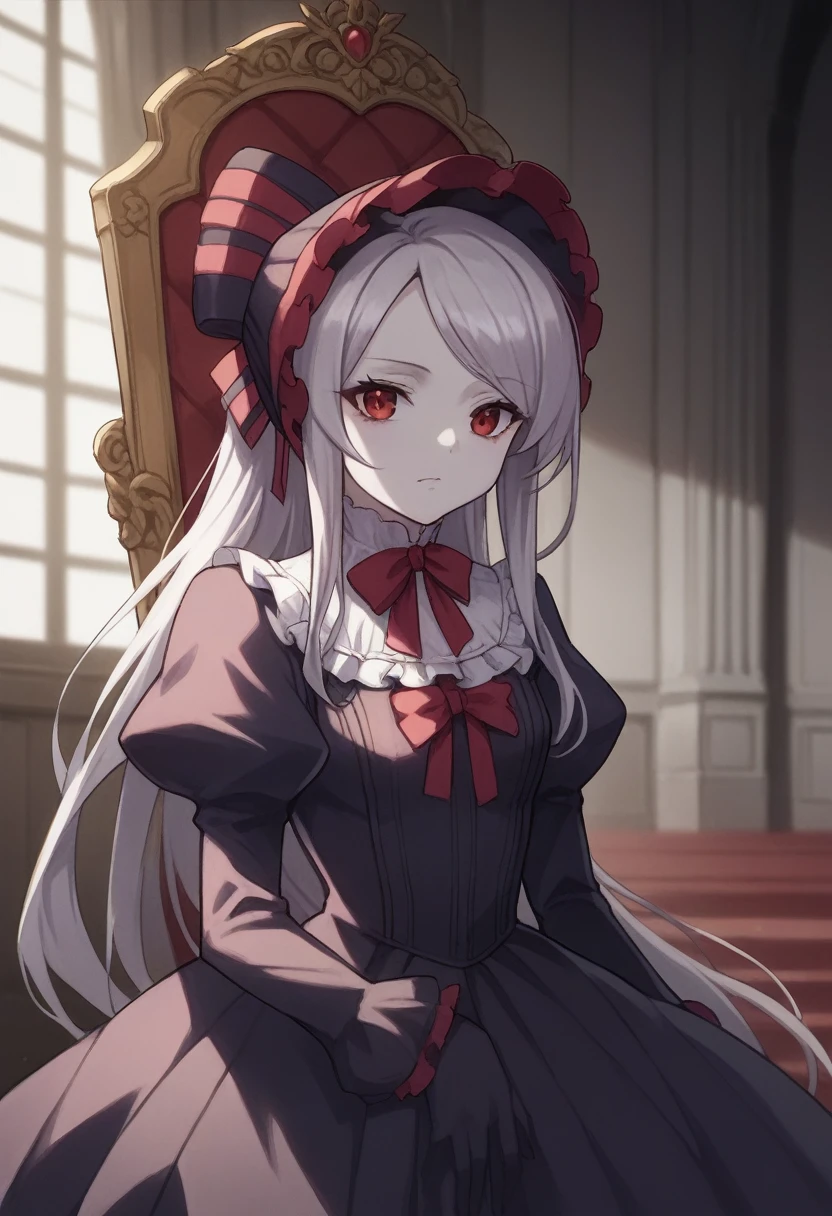 score_9, score_8_up, score_7_up, solo, 1girl, shalltear bloodfallen, anime style, bonnet, hairbow, silver hair, pale skin, red eyes, throne room, hd, detailed, PURPLE DRESS,
