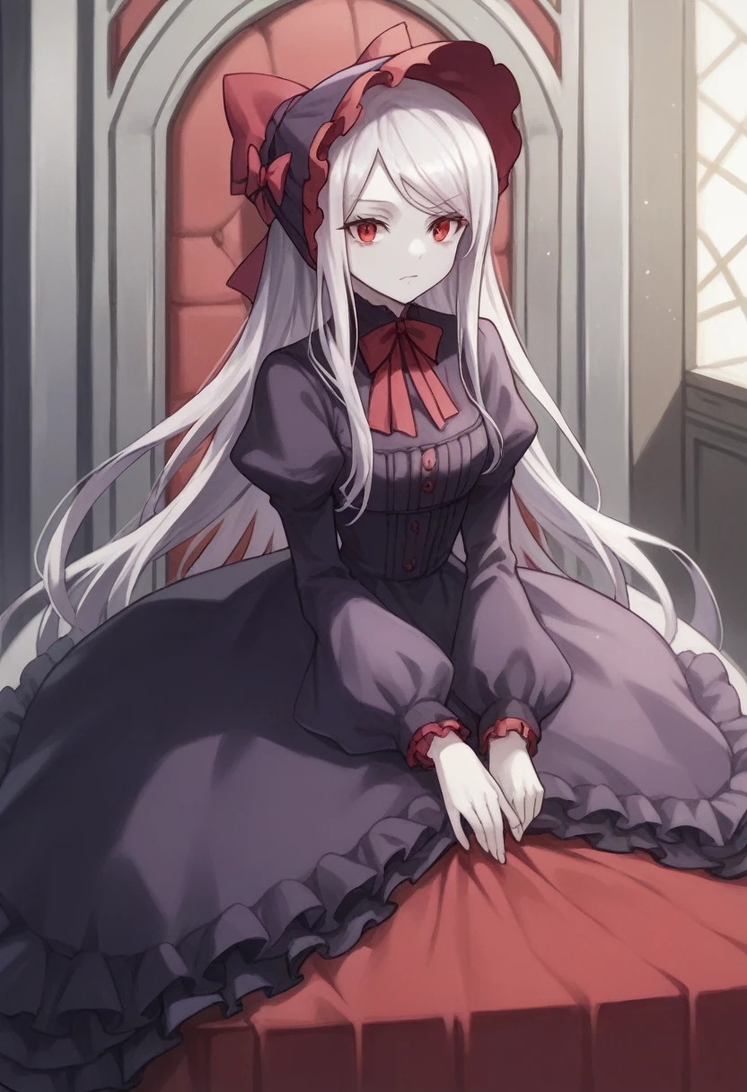 score_9, score_8_up, score_7_up, solo, 1girl, shalltear bloodfallen, anime style, bonnet, hairbow, silver hair, pale skin, red eyes, throne room, hd, detailed, PURPLE DRESS,
