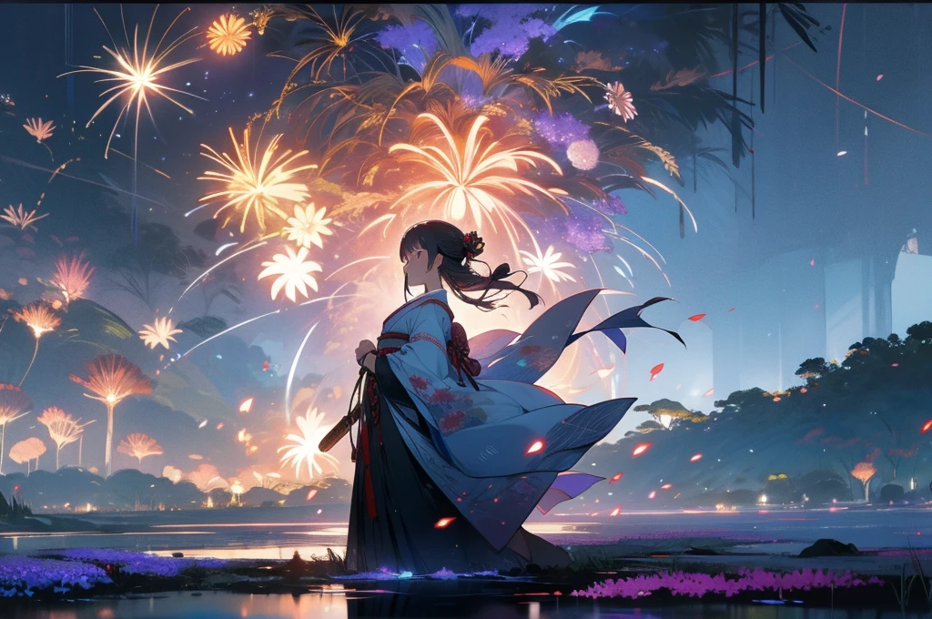 Japanese clothing、woman、Floral、night、Best image quality、Fantasy、Landscape painting、mystery、firework、Fantasyな風景