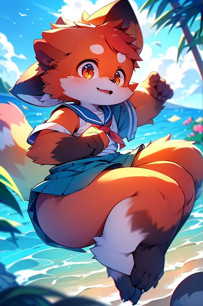 Red Panda Boy，Ocean，Sailor suit standing on feet，Two legs，cute