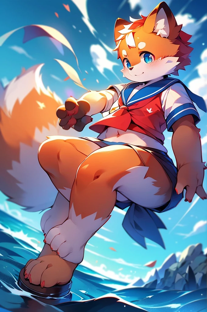 Red Panda Boy,8k resolution,Furry, Ocean,Sailor uniform,Red collar,Highest quality,It's dark outside
