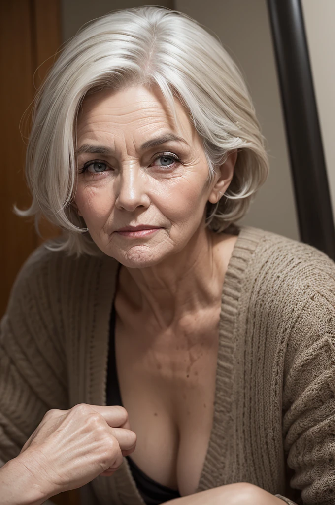 a beautiful older woman looking dirty at the young adult's shorts that she tore during leg training.