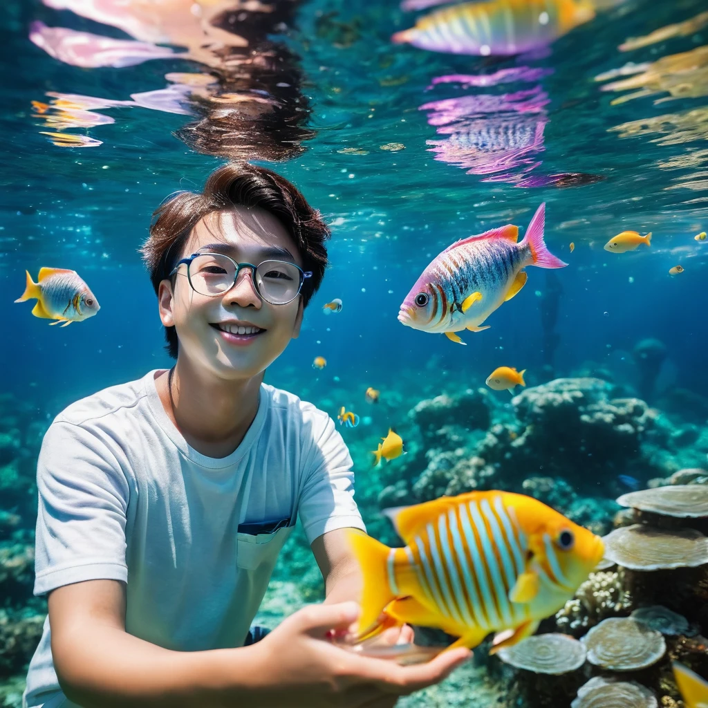 ((cpchann: 2.1)), ((best quality)), ((work of art)), (super detail: 1.2), (High definition: 1.3), (Professional photography: 1.2), (cinematic lighting), ( looking at another), ahoge, (smug), (ultra detailed), (selfie pose), 1boy, full body, ((in the sea)), (surrounded by beautiful fish), colorful bubble, marine nature, perfect environment, brightness, (sharp focus), (perfect light),