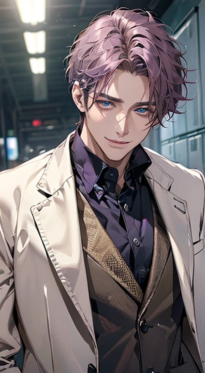 (best quality, masterpiece, 8K, photorealistic, cinematic lighting, 1:4 hdr image, ultra detailed, beautiful image), a mature man, 35 years very handsome, ((cold expression smile in love)), short  purple hair, blue eyes, face perfect without mistakes, ((buttoning his jacket, CEO)), smile.
