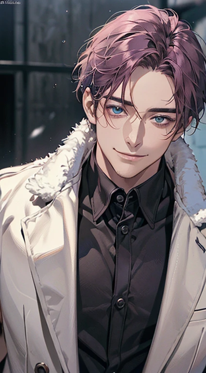 (best quality, masterpiece, 8K, photorealistic, cinematic lighting, 1:4 hdr image, ultra detailed, beautiful image), a mature man, 35 years very handsome, ((cold expression smile in love)), short purple hair, blue eyes, face perfect without mistakes, ((buttoning his jacket, CEO)), smile.
