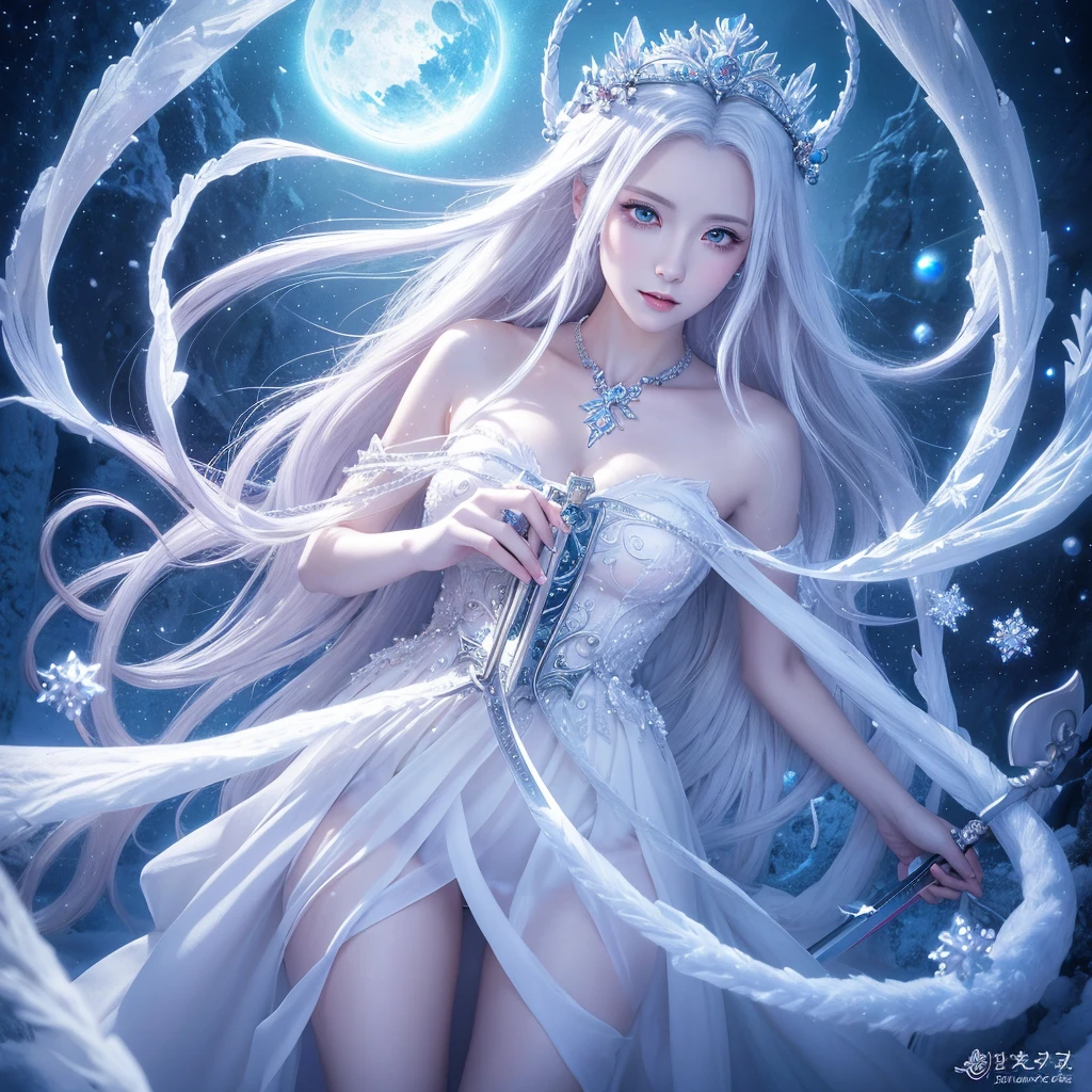 anime image of a woman in a white dress holding a sword, ((a beautiful fantasy empress)), high detailed official artwork, queen of winter, goddess of winter, anime key visual of elegant, detailed key anime art, portrait of magical girl, white haired deity, official art, official anime artwork, beautiful ancient frost witch, stunning arcanum backdrop, beautiful fantasy anime