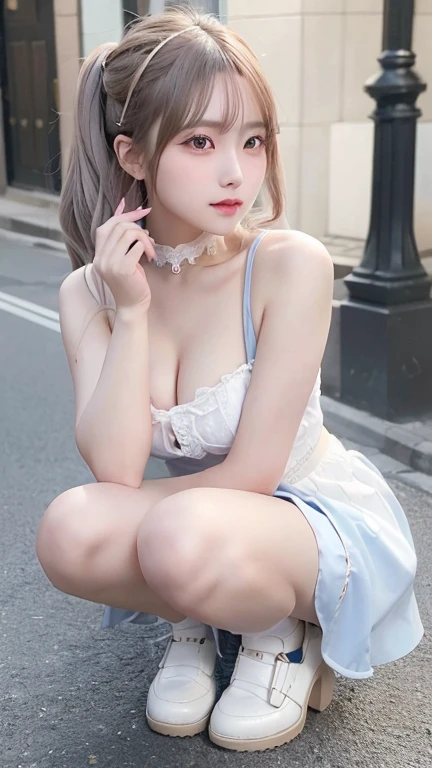 ((The photo shows her from the knees up.))、blush,Long white hair、Cowboy Style、Raise your arms,(Black and white gothic lolita fashion),choker,loafers、Chest、Belly button、Hips、Street,(8k, RAW Photos, Highest quality, The pieces fly:1.2), (reality, Realistic:1.4), (非常に詳細な8k壁紙),  Sharp focus, Depth of written border, Cinema Lighting, Soft Light, Detailed beauty eyes,Asymmetrical bangs, Glowing Skin, Highly detailed skin ,High resolution, Attention to detail, Detailed hairstyle, Detailed beauty face, Hyper Real, Perfect limbs, Perfect Anatomy ,1 Japanese girl,Famous Japanese Idols, Perfect female body,A shy smile,Long eyelashes,double eyelid,Look straight here、Street,Stand up straight and face me,,look straight at me,,Small breasts