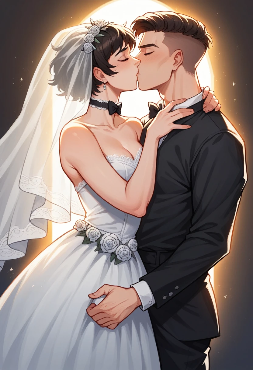 /imagine wedding, a realistic intricately detailed beautiful trans androgynous woman wearing a long sleeved turtle necked Samara weaving lace wedding gown with a long veil and a long monarch train and a realistic intricately detailed , and handsome man cut hairstyle brown short hair, he is wearing a black goth shirt collar with a black shirt a black bowtie standing on a wedding altar featuring floral designs and decorations in the background : cinematic lighting, dynamic lighting, photography, hyper realistic, ultra HD resolution, dynamic lighting blends with natural light, broad Aspect ratio, kissing flirting,