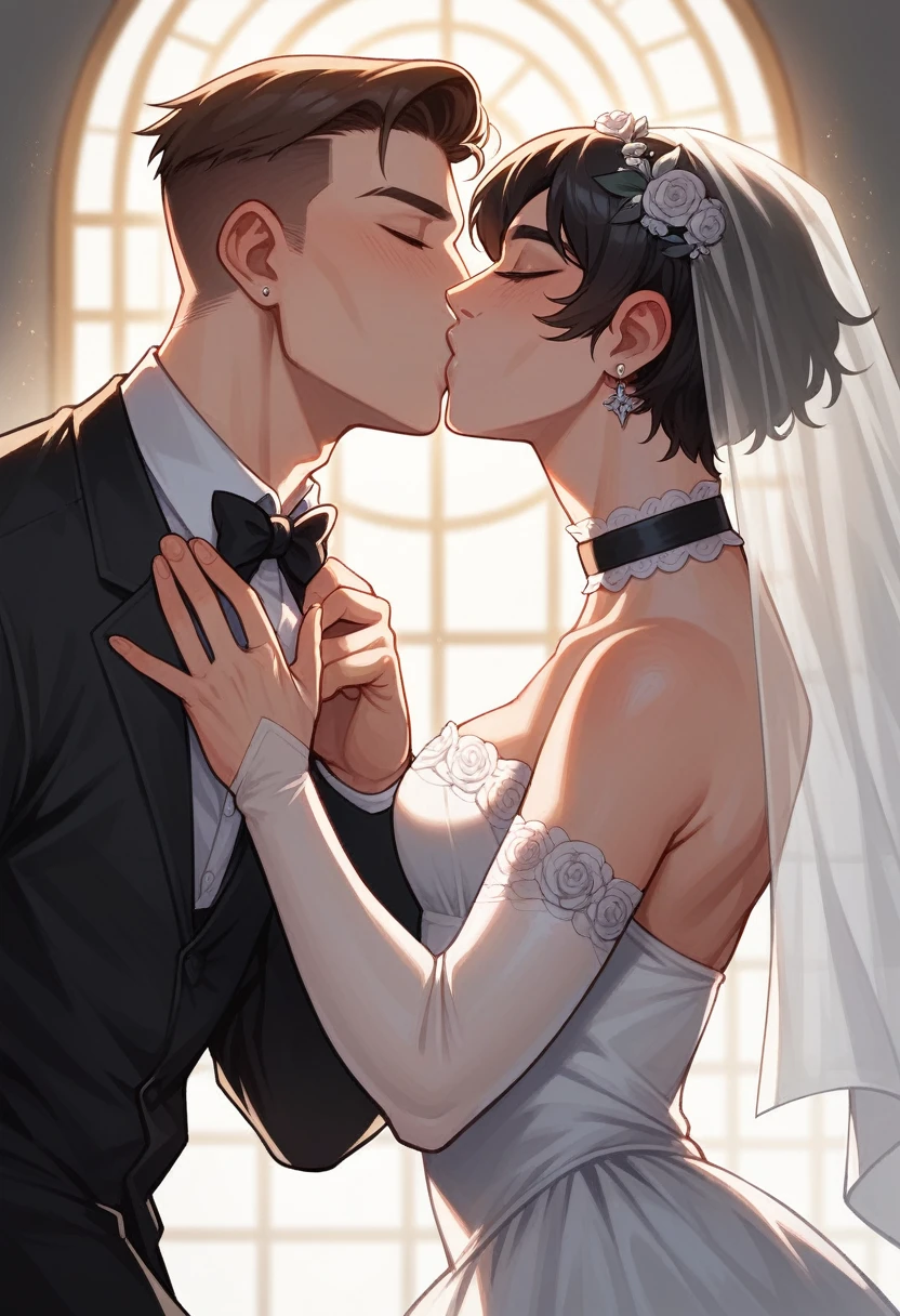 /imagine wedding, a realistic intricately detailed beautiful trans androgynous woman wearing a long sleeved turtle necked Samara weaving lace wedding gown with a long veil and a long monarch train and a realistic intricately detailed , and handsome man cut hairstyle brown short hair, he is wearing a black goth shirt collar with a black shirt a black bowtie standing on a wedding altar featuring floral designs and decorations in the background : cinematic lighting, dynamic lighting, photography, hyper realistic, ultra HD resolution, dynamic lighting blends with natural light, broad Aspect ratio, kissing flirting,