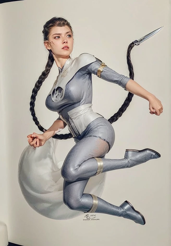 a woman with long braided hair, her hair with a sharp blade at the end, wearing white clothes with golden details, medieval rpg fantasy, heroic pose, (best quality,4k,8k,highres,masterpiece:1.2),ultra-detailed,(realistic,photorealistic,photo-realistic:1.37),intricate details,highly detailed facial features,detailed braided hair,detailed white dress with golden accents, medieval setting, cinematic lighting,dramatic shadows,warm color palette,heroic action pose, arena background