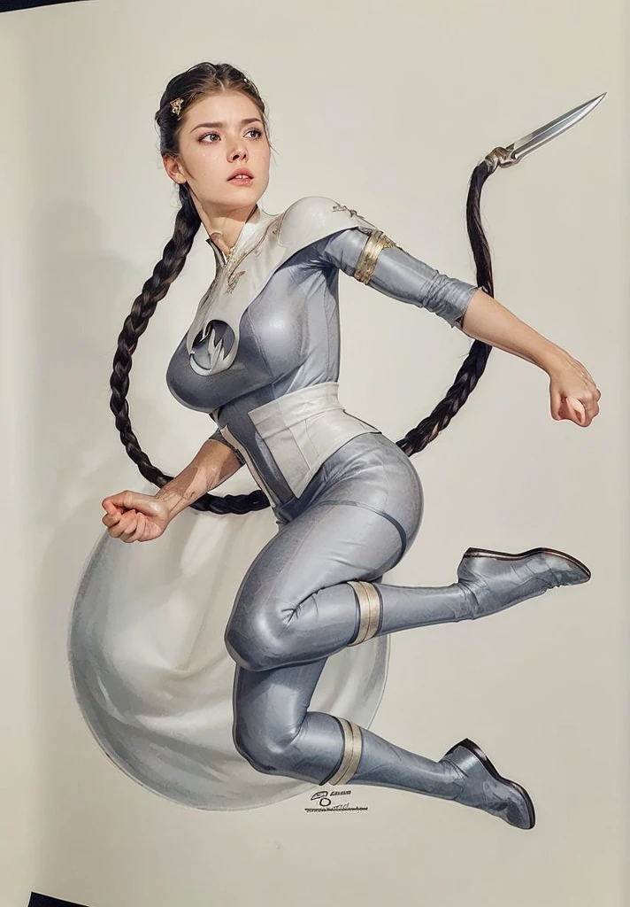 a woman with long braided hair, her hair with a sharp blade at the end, wearing white clothes with golden details, medieval rpg fantasy, heroic pose, (best quality,4k,8k,highres,masterpiece:1.2),ultra-detailed,(realistic,photorealistic,photo-realistic:1.37),intricate details,highly detailed facial features,detailed braided hair,detailed white dress with golden accents, medieval setting, cinematic lighting,dramatic shadows,warm color palette,heroic action pose, arena background