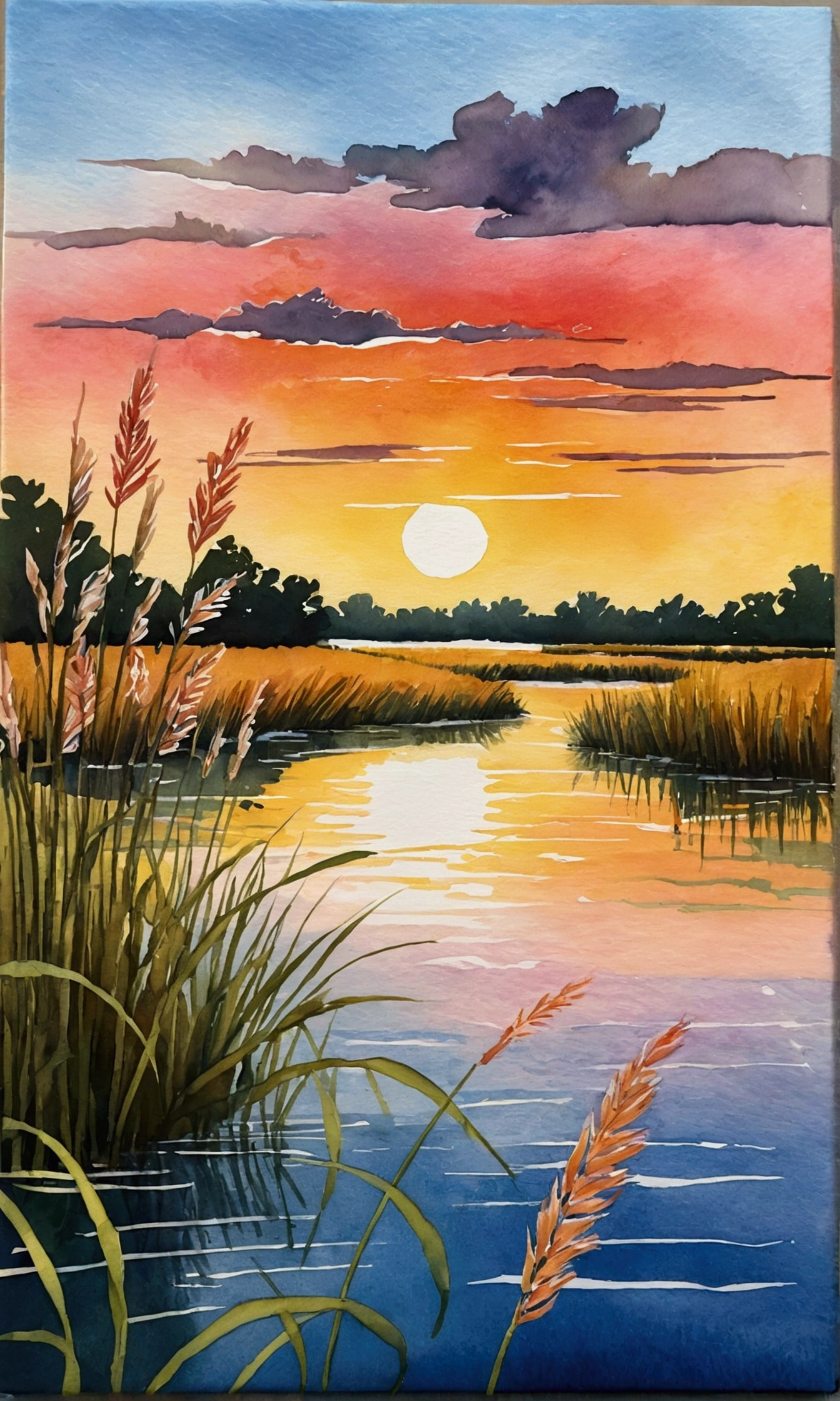 a painting of a sunset over a body of water, phragmites, vibrant gouache painting scenery, marsh vegetation, small reeds behind lake, flat water color texture, detailed gouache paintings, nature journal cover, reed on riverbank, tall grass, watercolor landscape, watercolor colored painting, landscape painting, scenery artwork, swamp landscape, watercolor painting style, scene from louisiana swamps