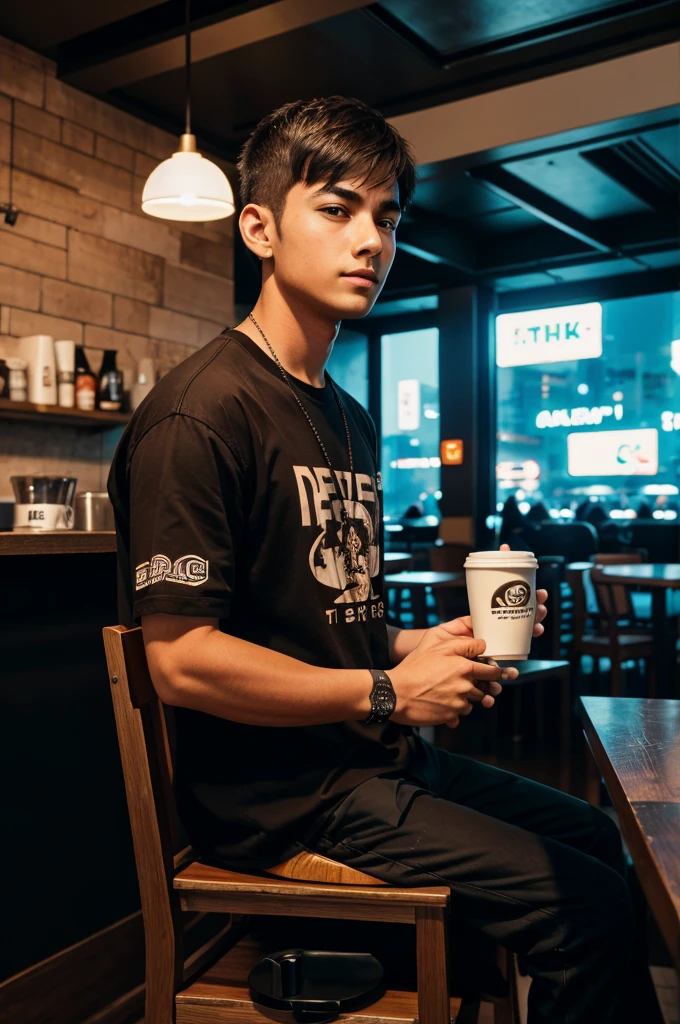 A young boy seat in cafe with coffee cup , cyberpunk