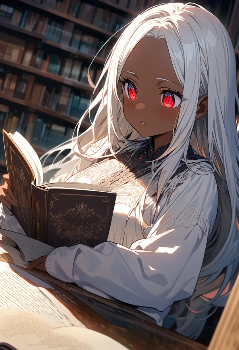 anime girl with very long white hair, red eyes, brown skin (light brown), 2D, reading a book in the library, detailed eyes, ultra detailed, high quality, vibrant colors,
