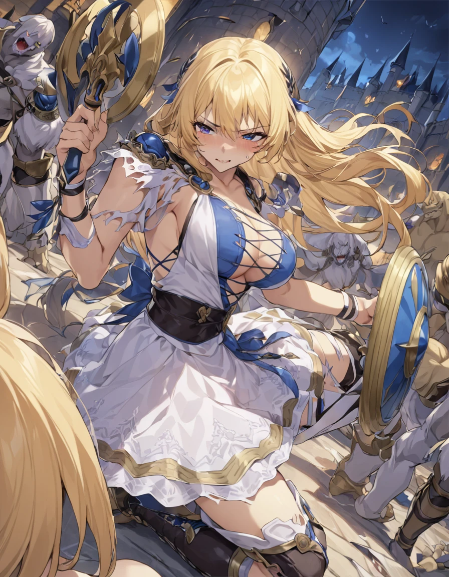 masterpiece, Highest quality, High resolution,Sophitia、Blue torn clothes、White Skirt、He holds a short sword in his right hand、He holds a round shield in his left hand.、Inside the castle at night、Surrounded by monsters、Blonde、Long Hair、Black long boots、Being attacked by monsters、The chest is torn、Grim expression、High angle、to faint in pain、Kneel on the ground