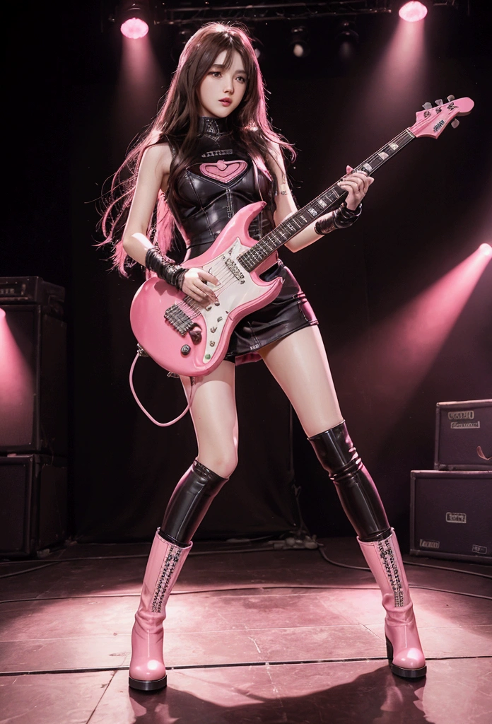 Rock Spiderrman  girl 13 years mini skirt hard long air and stars deep purple hold marvel holding the microfon singing and player electric guitarr red with a background of thunder and a very rock vibes.