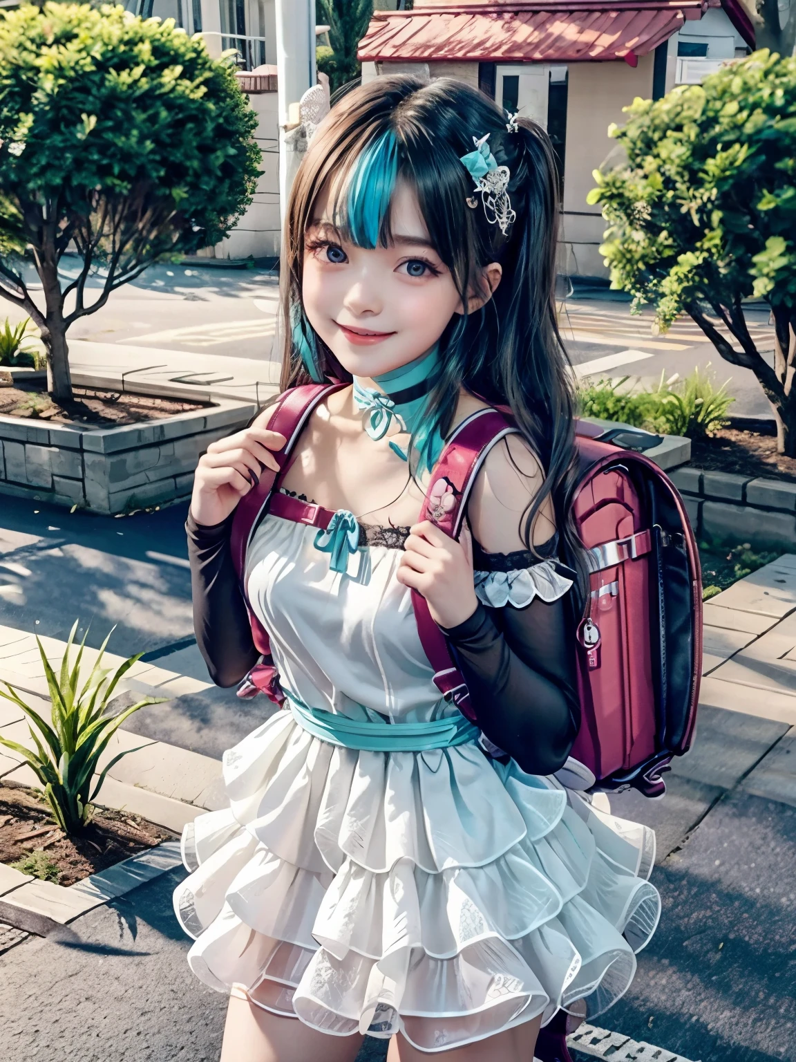 masterpiece, High resolution, Realistic, Black Hair, Asian Girl, p○nytail, hair ribb○n,((the face of a :1.1)).○, 1girl wearing a pink id○l dress (((Beautiful thighsが露出したSparklingアイドルドレス:1.2)))、(Wearing a flipped up, too short mini frill skirt), (Black Hairのアジア人), Outdoor, Has bangs、Twin tails:1.2,ponytail, Hair Scrunchie、Are standing, Outdoor, wearing red Backpack, (Backpack:1.1) (赤いBackpack:1.2)、((Beautiful thighs:1.39)),((Adorable idol:1.4)),((Girls who love to show off their panties)),(A girl who loves to show off her cute naked ass:1.03)、Skirt lift up、nsfw