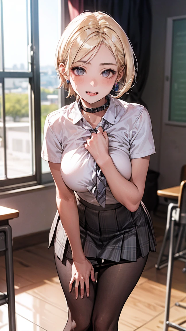(masterpiece:1.3, Highest quality), (Realistic, photoRealistic:1.4), Beautiful illustrations, Perfect lighting, colorful, Written boundary depth,
Looking at the audience, whole body, Front view:0.6, 1 girl, alone, Japanese, high school girl, Improve, (Large Breasts,Wide Hips,Tight waist, Captivating thighs, Skin dents),(short hair:1.5),Asymmetrical bangs, Lips parted, (very tanned and shiny skin),Thin Hair, Beautiful Hair, Beautiful Face, Highly detailed face, Beautiful and beautiful eyes, Beautiful clavicle, Beautiful body, Beautiful breasts, Beautiful thighs, Beautiful legs, Beautiful fingers, (Beautiful views), (blonde:1.5),Grey plaid pleated skirt, black tights, Plump thighs, Metal collar, ear piercing, Red Eyes, Straight hair, Swept-apart bangs, Gradient Hair, School uniforms, White shirt, tie, Ecstatic face, Drooling, View your viewers, (pantyhose, Pull down your panties, Grab your own chest), In the classroom at sunset,( Leaning forward:1.2)