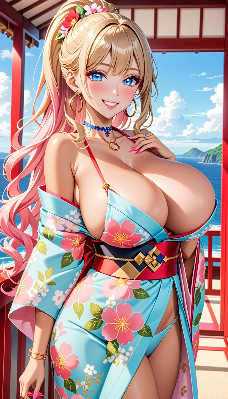 ultra-detailed, ((one girl)), (portrait), (tan skin:1.5), in pastel colors gyaru, (heavy makeup), (professional lighting) hyper detailed, absurdres, 8k, Beautiful Face, (Laugh shyly), ((teasing smile:1.6)), ((happy smile:1.5)),  ((Wink:1.5)), (Laugh with your mouth wide open),((Tilt your face:1.6)), View your viewers, ((Bright red cheeks:1.6)),Glossy shocking pink lips, ((huge breasts:1.6)),  ((undressing)), ((Her tattoo peeked through her kimono:1.2)), noon, summer, Luxury resort with ocean view, ((Anime style background)),masterpiece, Highest quality, (Brighten your face), so beautiful,Latest, Complex details, ((fluorescent pink long nail:1.2)), (ring),(bracelet), (Floral Choker),AI-generated, Complex,High resolution, Highest quality, super high quality,3D Images、3D Images,One person, (blond long hair), (High Ponytail), (wavy hair:1.4), Anime woman posing for a photo, ((Fine grain、blue eyes、glowing eyes:1.4)), (Squint your eyes:1.1),a hyperRealistic , hyperRealistic , Realistic,Anime woman with long honey blonde hair, Smooth anime CG art, A girl in a gorgeous pastel-colored kimono, ((Pastel-colored furisode)),(Pink large floral pattern),  (sideboob), Long flower hair ornament,large gold hoop earrings, Mature Body, tall,Narrow waist, front view,((dutch angle)), (upper body), 