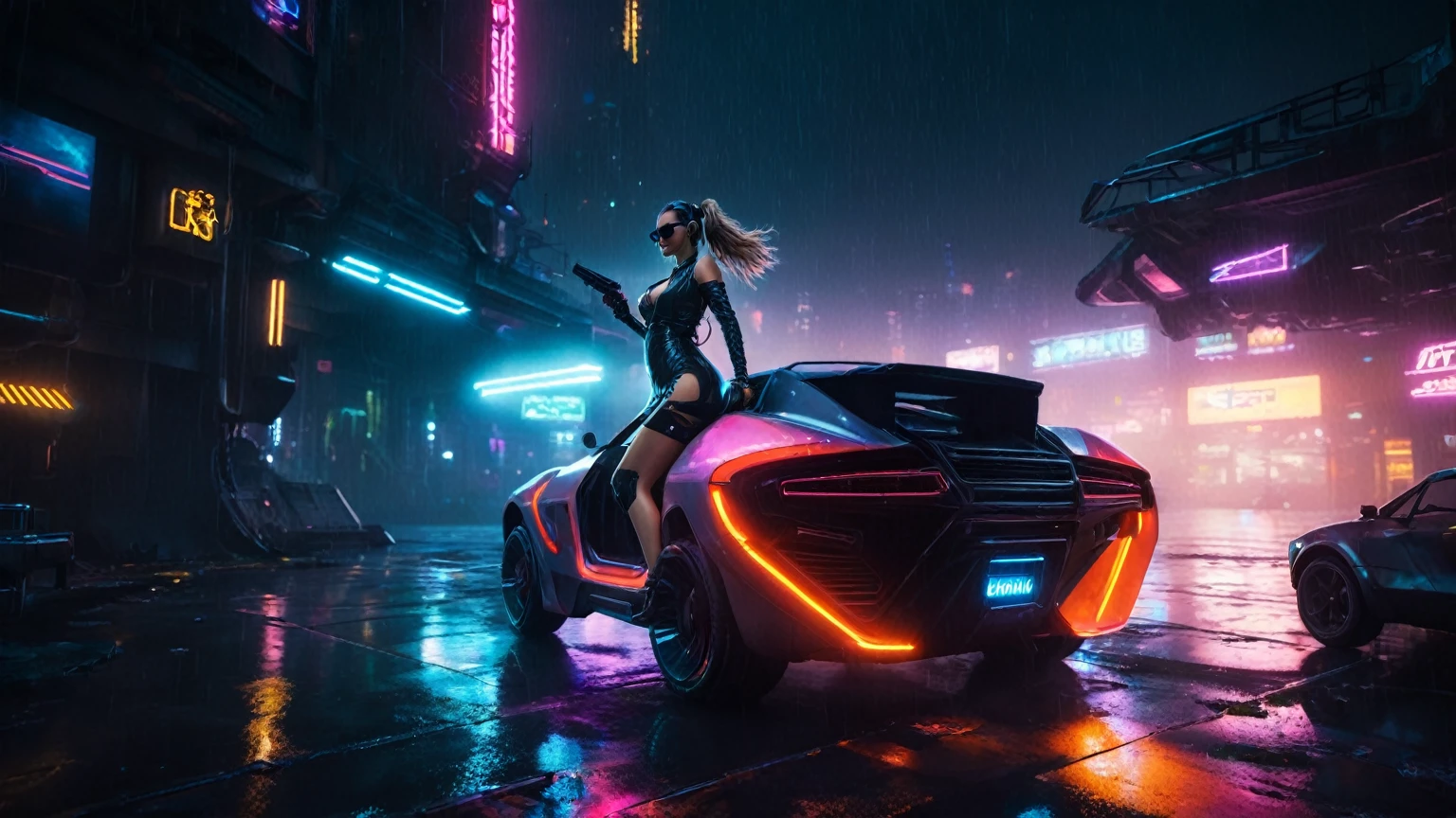 (aerial view, a flying cars docking platform, a very dark abandoned futuristic city, neon lights), rainy night. (((1girl, solo, alone))), large-breast:1.2 slim body, cleavage:1.1, sexy wind blowing wet dress:1.4, (((headphone, black sunglasses, standing and holding pistol:1.8, dynamic rushing pose))), (((((half-body thigh level medium shot))))), cinematic lighting, lens flare, ray tracing.