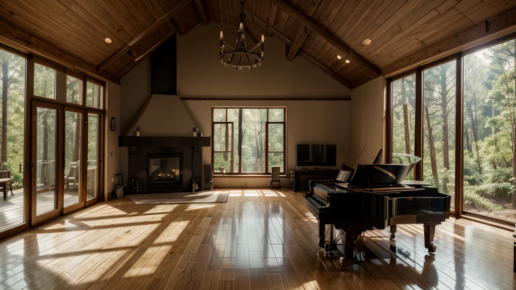 There is a room，There is a piano inside and the forest can be seen through the large windows at night., House in the Forest, Morning loft photos, highly realistic unreal engine, Unreal Engine photorealistic rendering, Modern house in the woods, relaxing environment, 8k Landscape Rendering, Realistic architecture, Luxurious environment, Comfortable place, Unreal Engine is highly rendered, Architectural Visualization,With fireplace