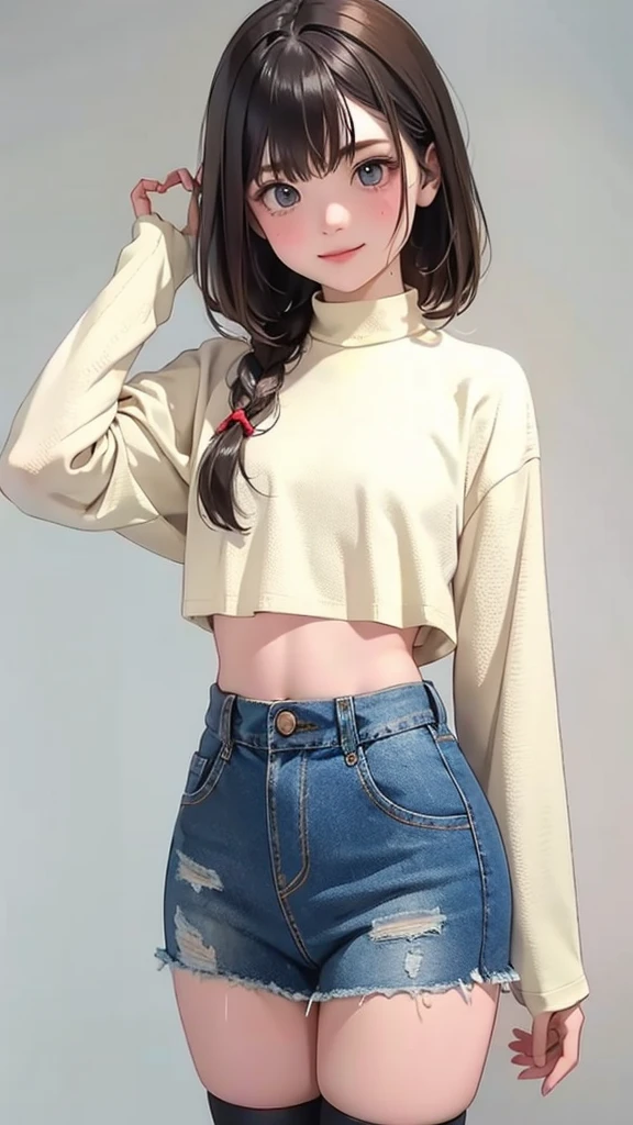 4K, masterpiece, 8K, high quality, 最high quality,10歳のLovely少等生, Very white skin, Brown long hair，A little bit，Low length，freckle，Sparse eyebrows，Straight bangs，(flat chest) ，Feminization, tilt, elegant, elegant, Lovely, Smile, Lovely, , belly button, Denim low waist mini skirt, ((Black knee socks)), (Ugly clothes)、((Gray background))