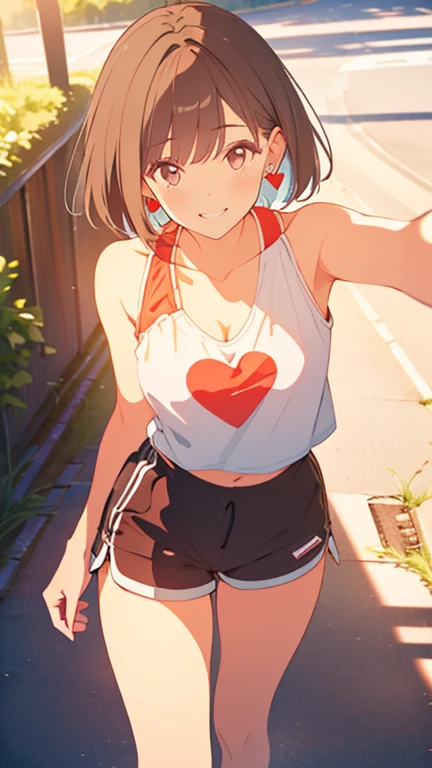 Best Quality, masutepiece, 1girl in, (Solo:1.1), Ray tracing, ultra-detailliert,Detailed face, 8K Wallpaper, wide hips, Smile, Fuuko Izumo NDV, 1girl in, Black hair, Brown eyes, Large breasts, Short hair, Red Beanie, White T-shirt, shortpants, plein air,ahegao (fucked silly / sexual ecstasy)