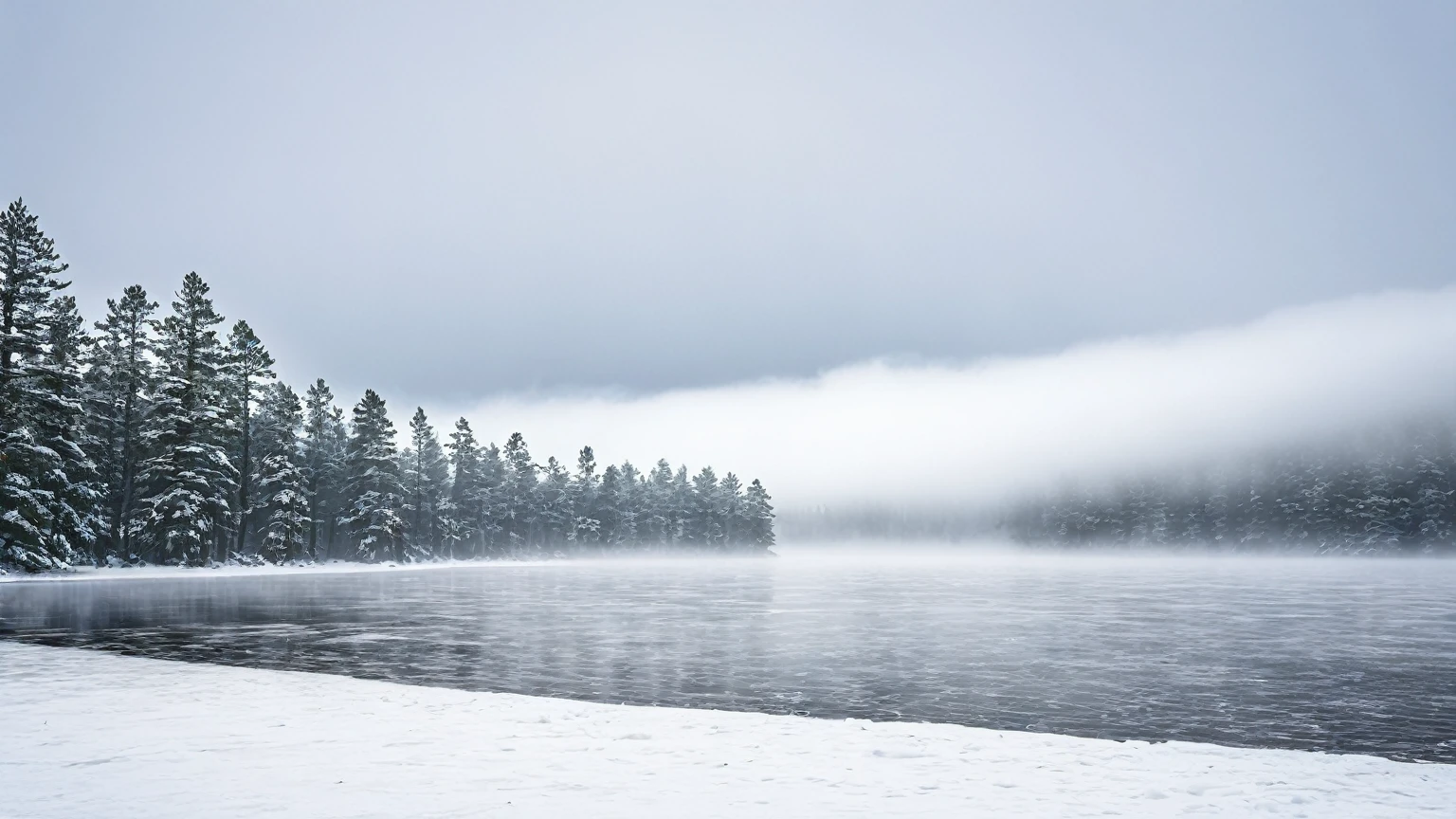 frozen lake, fog, cloudy skies, pine trees, winter, blizzard, background