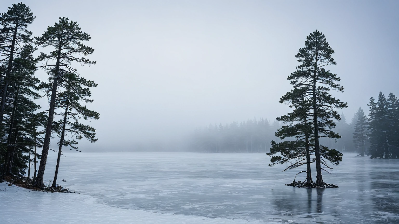 frozen lake, fog, cloudy skies, pine trees, winter, blizzard, background