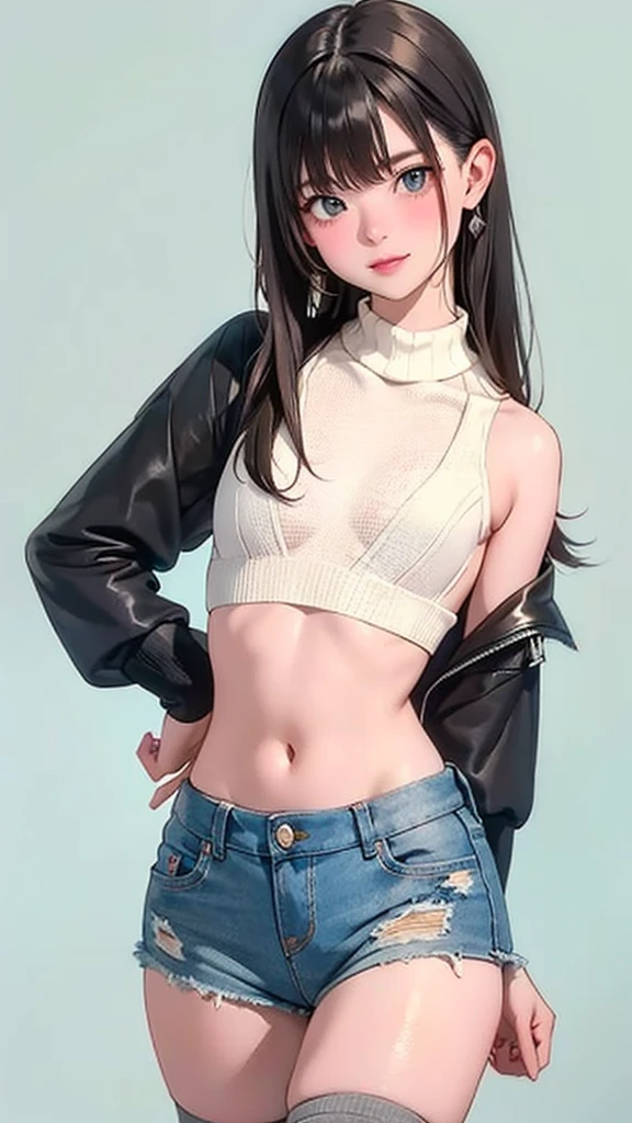 4K, masterpiece, 8K, high quality, 最high quality,10歳のLovely少等生, Very white skin, Brown long hair，A little bit，Low length，freckle，Sparse eyebrows，Straight bangs，(flat chest) ，Feminization, tilt, elegant, elegant, Lovely, Smile, Lovely, , belly button, Denim low waist mini skirt, ((Black knee socks)), (Ugly clothes)、((Gray background))