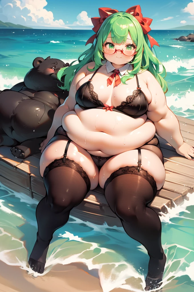 ((highest quality)),(kawaii:1.2) BREAK (Morbid obesity:1.7),cute BREAK (((obese))) BREAK (Light green hair),long hair,Red rimless glasses,Under Rim,((bangs bangs)) BREAK アヘ顔,(Double chin:1.2) BREAK (bear:1.2),(hair ribbon,garter belt,pantyhose) BREAK (saggy breasts:1.3),(long breasts:1.3),(((wet skin))),(比基尼:1.1),beach,sea BREAK lying on the beach,sexy pose