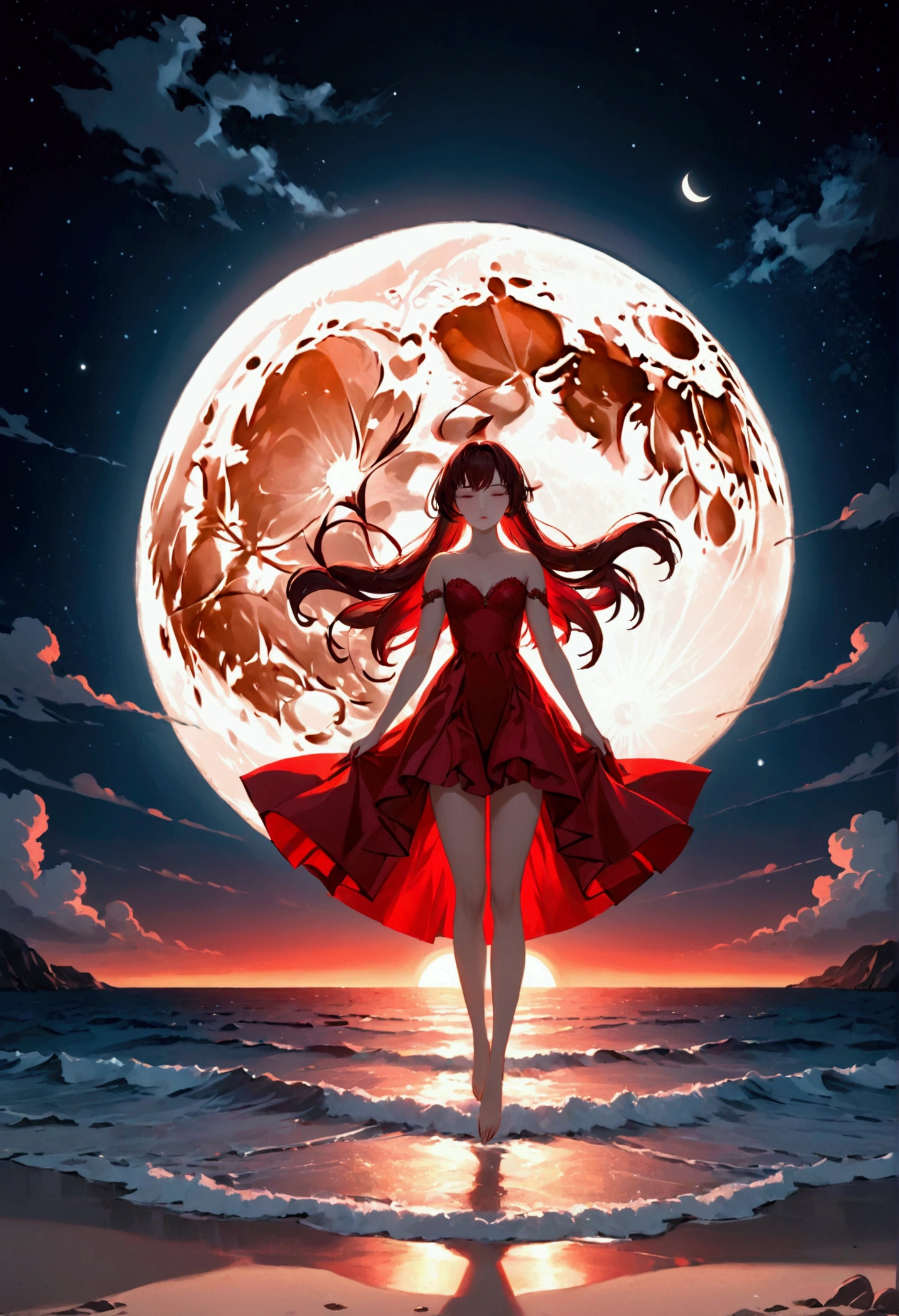 color red；the moon；the ocean, ultra HD, high resolution, 4K