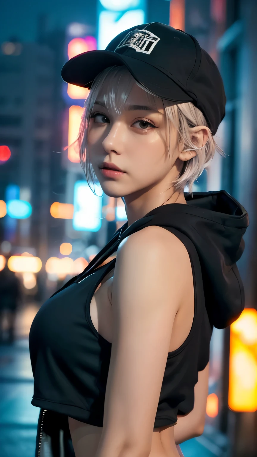 masterpiece, Highest quality, Very detailed, 8k, Realistic, One Girl, alone, Tomboy, Very detailed face, (head shot:1.5), Cyberpunk neon lit futuristic city、Neon lights illuminate the scene, at night, Cyberpunk art, 32K, Ultra HD, Unreal Engine Rendering, Cinema Lighting,Pixie cut white hair, He is wearing a short tank top and an open-zipped hoodie.....,I can see your chest,Nice ass,Wear a New Era cap