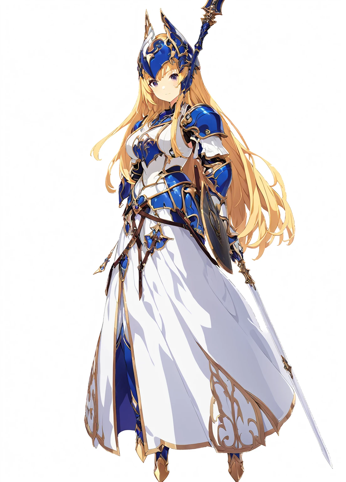 high quality, high resolution, high qualityのゲームアートスタイル, whole body,valkyrie,perfect hand,Official Art, Smooth game CG art, Visual Novel Sprites, White background,Smooth game CG art, (((Woman with a long spear))),Woman wearing a white dress and blue armor, An intricately designed helmet with white feathers,Small shield, (((In his right hand he holds an elaborate long spear))),Exquisite Blue Armor,Golden Hair, long hair, female knight, Rin々Shii,Large Bust,20-year-old,
