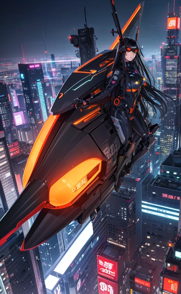 Long black hair、Beauty、Highest quality、cyber punk、cyborg、background(Tokyo from above)Jumping figure、体がcyborg、orange goggles、Mechanical Wingachine Body(robot)、Pale tones overall、high resolution