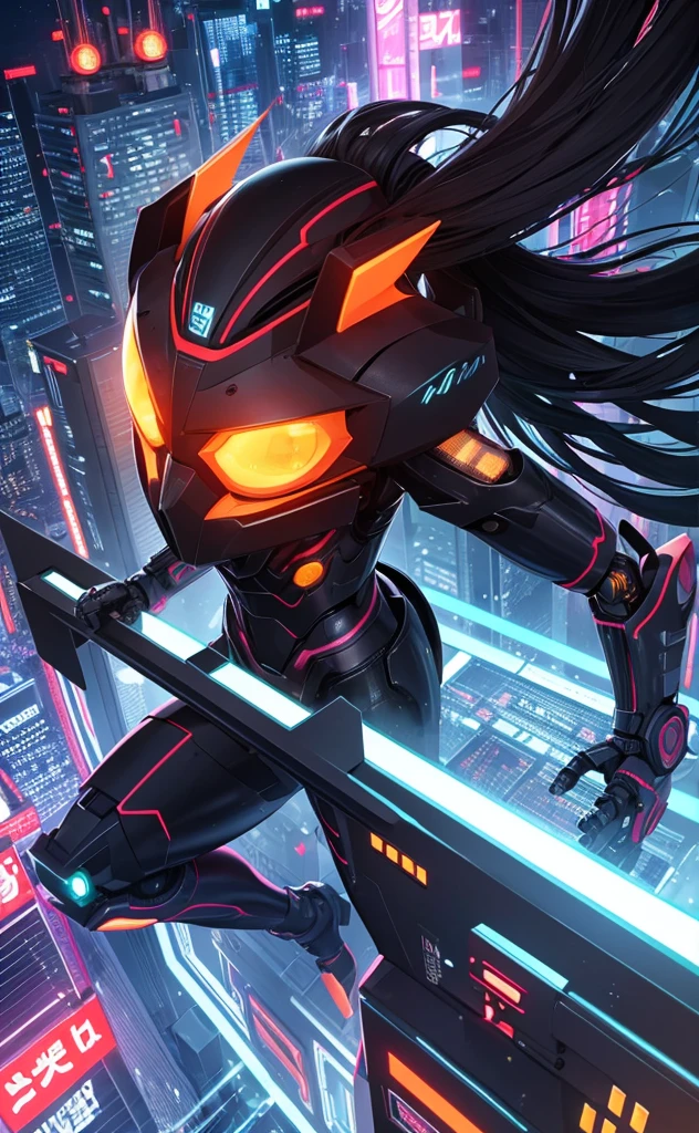 Long black hair、Beauty、Highest quality、cyber punk、cyborg、background(Tokyo from above)Jumping figure、体がcyborg、orange goggles、Mechanical Wingachine Body(robot)、Pale tones overall、high resolution