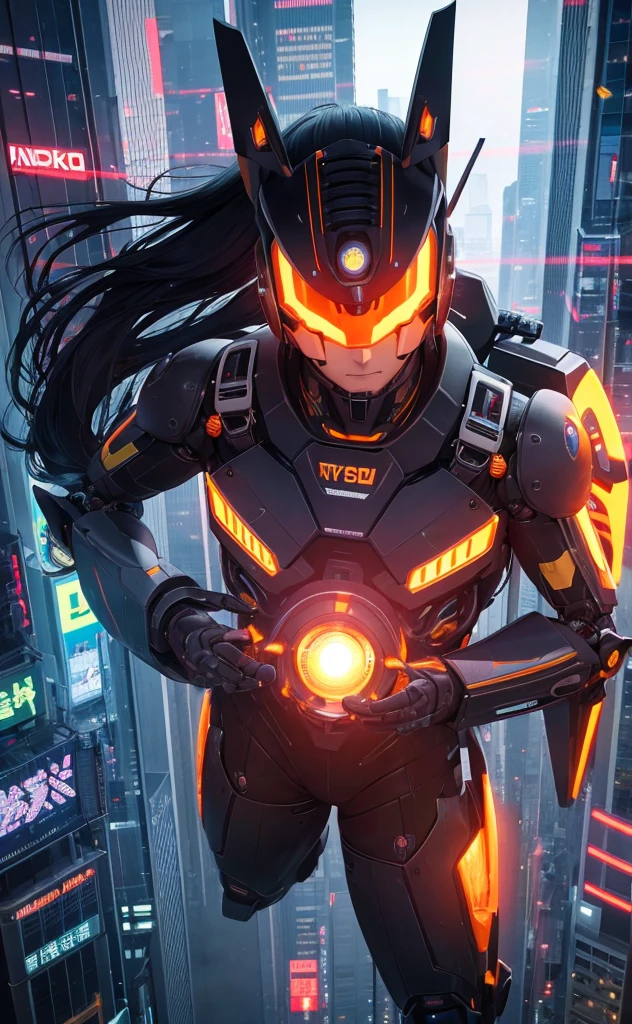 Long black hair、Beauty、Highest quality、cyber punk、cyborg、background(Tokyo from above)Jumping figure、体がcyborg、orange goggles、Mechanical Wingachine Body(robot)、Pale tones overall、high resolution