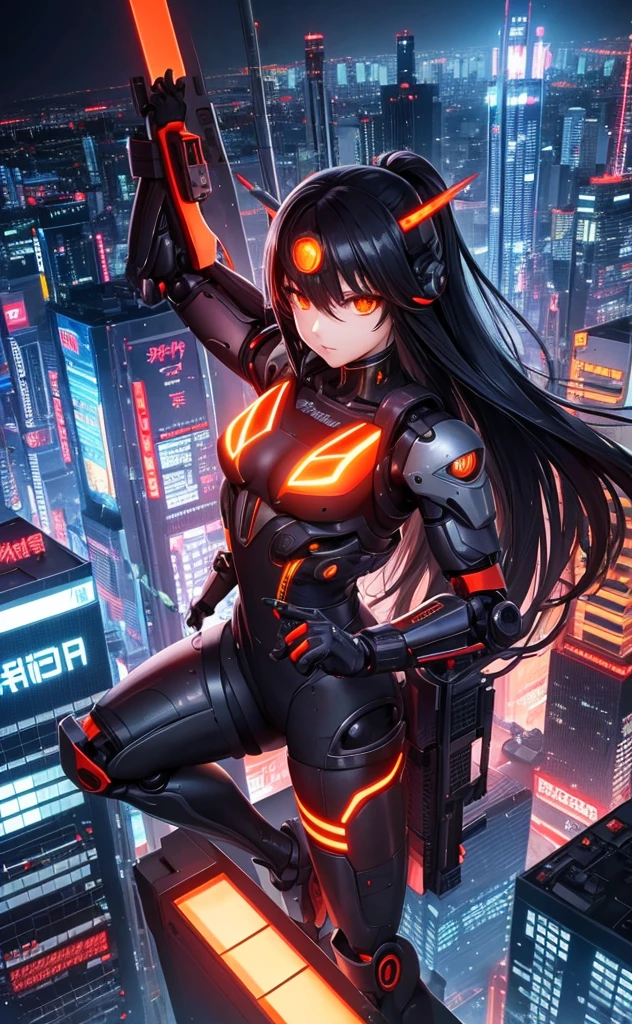 Long black hair、Beauty、Highest quality、cyber punk、cyborg、background(Tokyo from above)Jumping figure、体がcyborg、orange goggles、Mechanical Wingachine Body(robot)、Pale tones overall、high resolution